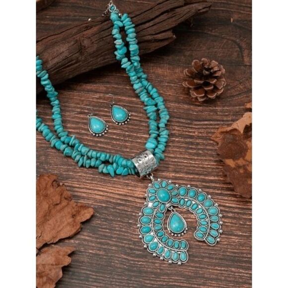 Silver Turquoise Western Squash Blossom Necklace & Earring Set - Picture 2 of 3